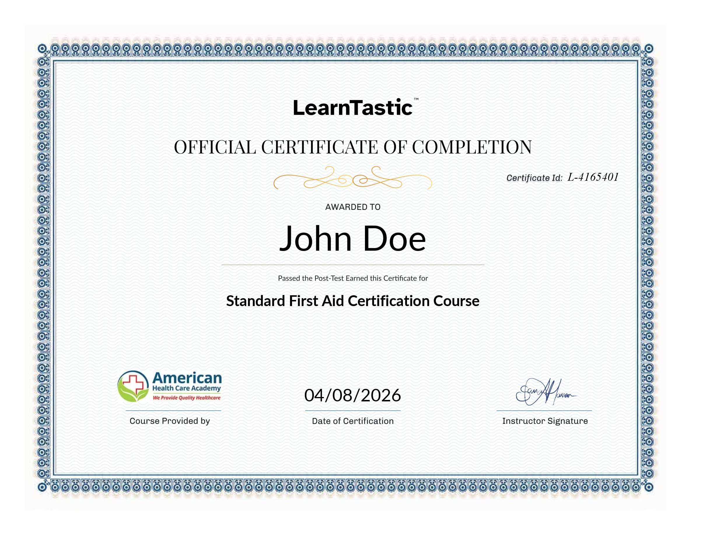 Sample Standard First Aid certificate